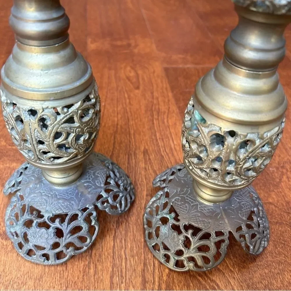 Vintage Oversized Moroccan Pierced Brass Candle Holders, Set of 2, Nice Patina